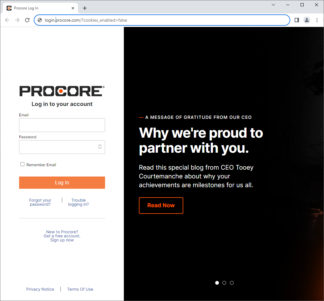 Procore login in browser